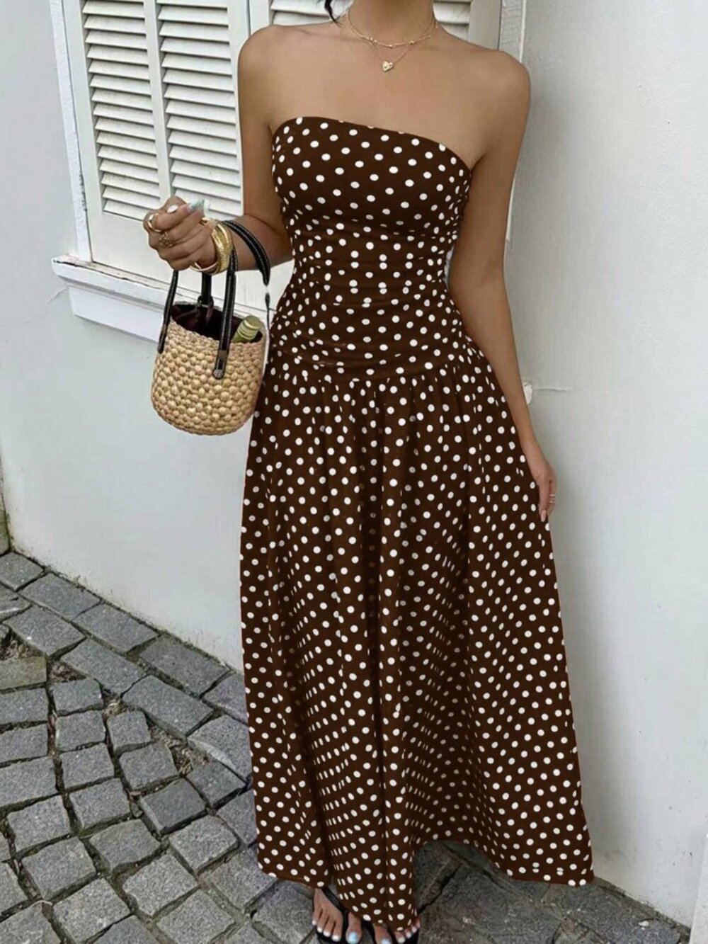 Brown Casual Women's Polka Dot Waist Cinched Bandeau Maxi Sundress - Picture 4 of 6
